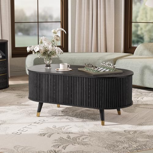 Image of JOINICE Oval Lift Top Coffee Table with Storage for Living Room,43 inch,Black | Large Hidden Storage,Modern Fluted Panel,Pop Up Center Table with Wooden Legs,Lifts to 22.4 inch,Holds 88lbs,Easy Assembly