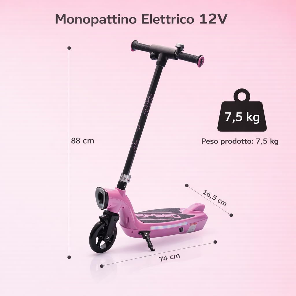 Monopattino per Bambini con Luci LED – Giocattolo a Batteria 12V, 2 Ruote, Uso Privato, Portata 50 kg