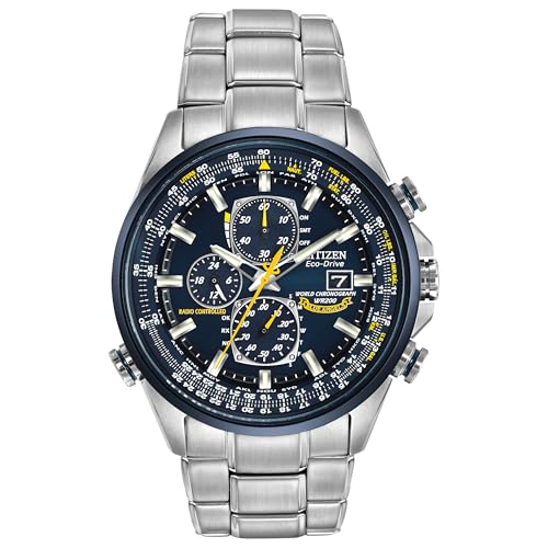 CITIZEN Men's Eco-Drive Sport Luxury World Chronograph Atomic Time Keeping Watch in Stainless Steel, Blue Dial (Model: AT8020-54L)