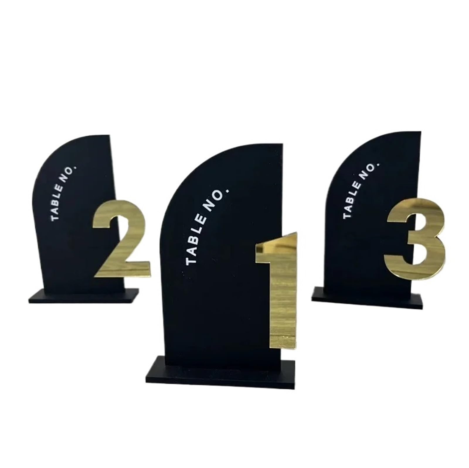 WSQHAO 5/10/12/15/20pcs Half Arch Table Numbers 3D Number Sign Wedding Decor Stationery Reception for Restaurant(Gold on black,Table 1-15)