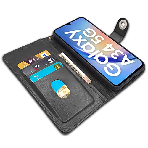 Image of Pikkme Samsung Galaxy A34 5G Flip Cover Leather Finish | Inside TPU with Card Pockets | Wallet Stand and Shock Proof | Complete Protection Button Flip Case (Black)