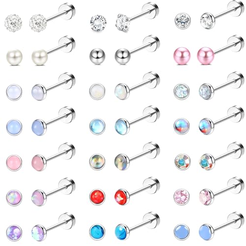 LOYALLOOK 21Pairs 20G Hypoallergenic Stud Earrings Set for Women Men 316L Stainless Steel Cartilage Flat Back Stud Earrings CZ Opal Screwback Earrings Studs Piercing Jewelry Multicolored