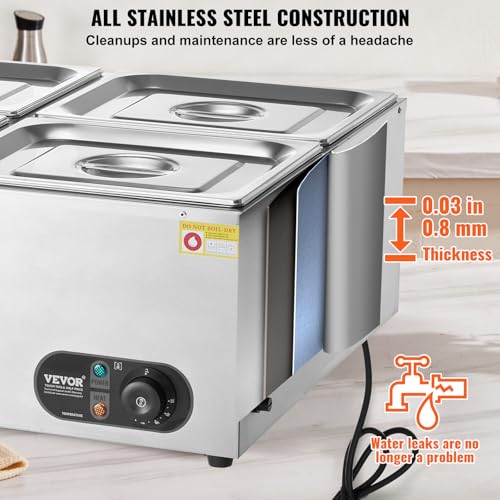 VEVOR kommerzieller Speisenwärmer 4 x 8 Qt Behälter elektrischer Dampftisch, 1500 W professionelles Buffet-Wasserbad aus Edelstahl für die Arbeitsplatte mit Temperaturregelung von 30 bis 80 °C Silber – Bild 6