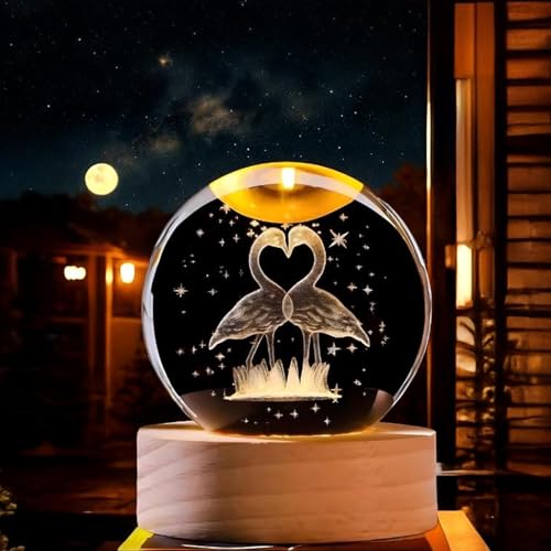 Image of 3D Crystal Flamingo Ball Night Lamp | Glass Ball Night LED Lamp with Wooden Base for Couple, Home, Office, Birthday Gift | Symbol for Love | (Flamingo)