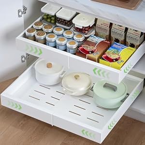 2PCS Pull Out Cabinet Organiser, 32-52cm Extendable Slide Out Kitchen Drawer Adhesive,Upgrade 3-Rails Slide Drawers Storage Shelves with Rail System for Kitchen Base Cabinet Organization