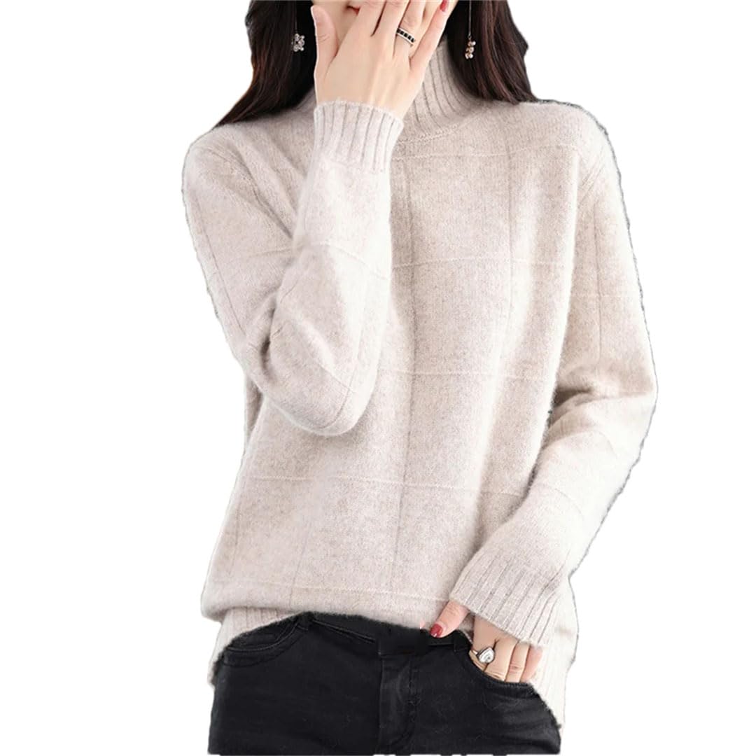Damski sweter z dzianiny z golfem w jednolitym kolorze wąski sweter biurowy, Khaki, L