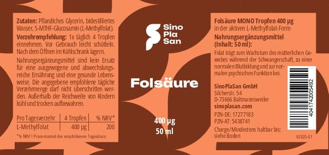 Folsäure MONO Tropfen 400 µg (5-MTHF, L-Methylfolat) | 50 ml | hoch dosiert | vegan | Made in Germany