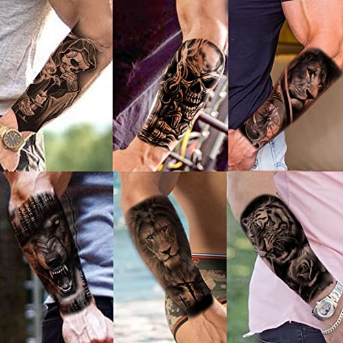 Image of VANTATY 69 Sheets 3D Realistic Tiger Lion Temporary Tattoos For Women Forearm Men Arm, Half Sleeve Wolf Owl Skull Skeleton Waterproof Fake Tattoos For Adults Thigh, Black Animal Bulk Tattoo Sticker