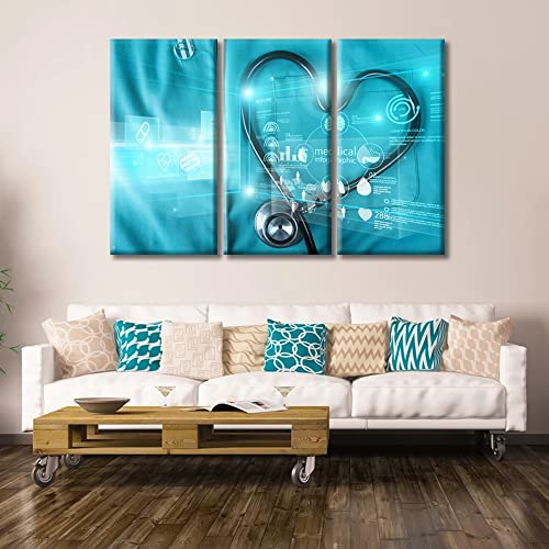 Image of TUMOVO Stethoscope Health Medical Technology Poster Office Decor Clinical Laboratory Wall Art 3 Panel Medical Artwork Posters and Prints Framed Ready to Hang, 60 inch Wx40 H