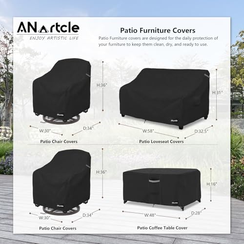 Image of ANartcle Patio Furniture Covers 4 Piece Set, 600D Waterproof Heavy Duty Outdoor Furniture Covers,Fit Wicker Patio Loveseat, Swivel Rocker Chair and Coffee Table,Black