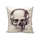  iLove EU Baumwolle Leinen Dekokissen Fall Quadratisch Halloween Sofa Haus Auto Dekorative Kissenbezug Kissenhülle 45 x 45cm - Totenkopf Schädel mit Kopfhörer Headset