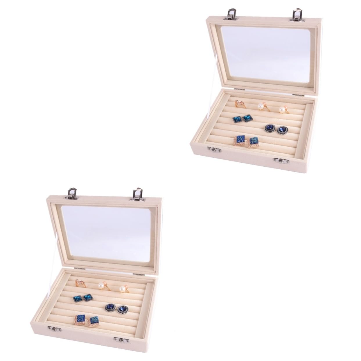 SHERCHPRY 2piezas Organizador De Joyería Tapa Transparente y Cerraduras De Seguridad Caja De Almacenamiento Para Anillos y Pendientes Para Niñas y Mujeres Compacto Beige
