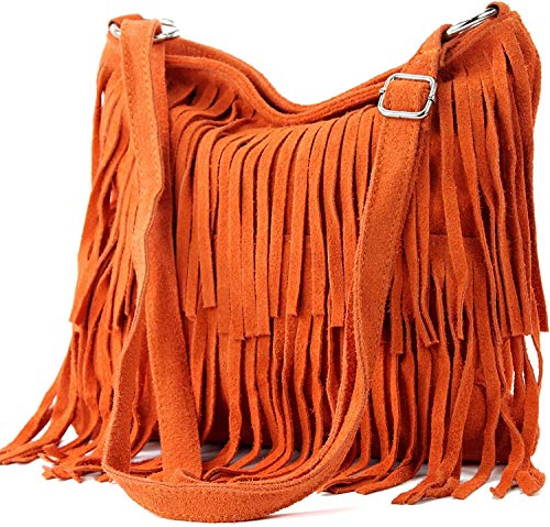 Image of Womens Italian Real Suede Leather Fringe Tassel Shoulder Handbag Cross Body Messenger Side Bag For Ladies (Orange)