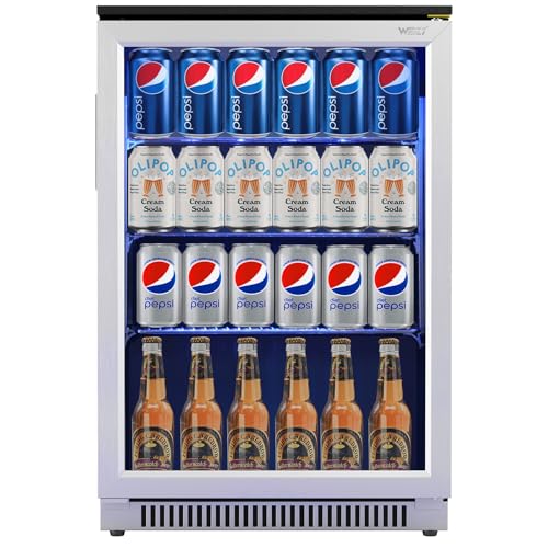 Weili 20 Inch Built in Beverage Fridge with Glass Door, 120 Can Under Counter Soda Beer Drink Refrigerator with Blue LED Light for Home Office or Bar, 36-50°F Auto Defrost