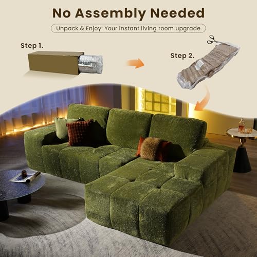 Image of 114 inch Glitter Cloud Sectional Couch with L-Shape Chaise, Modern Boneless Couches for Living Room, Fluffy Tufted Deep Seat Modular Sofa in a Box No Assembly