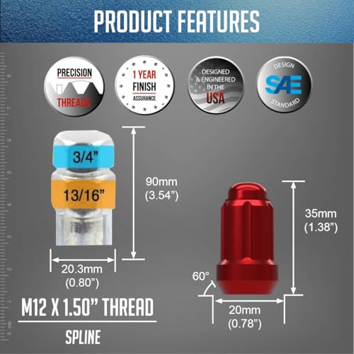 Image of Wheel Accessories Parts 24 Pcs + Key M12x1.5 12x1.5 Thread Car Spline 35mm 1.38 inch Long Lug Nuts Red Spline Hex Fits Chevy Blazer Colorado | GMC Jimmy Canyon | Ford Bronco (No Raptor) Ranger