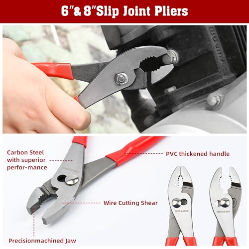 Image of TOOLEAGUE 8Pcs Pliers Set with Storage Bag,Red | Groove Joint,Long Nose,Slip Joint, Diagonal, Linesman Plier,Adjustable Wrench for DIY and Multi-Use