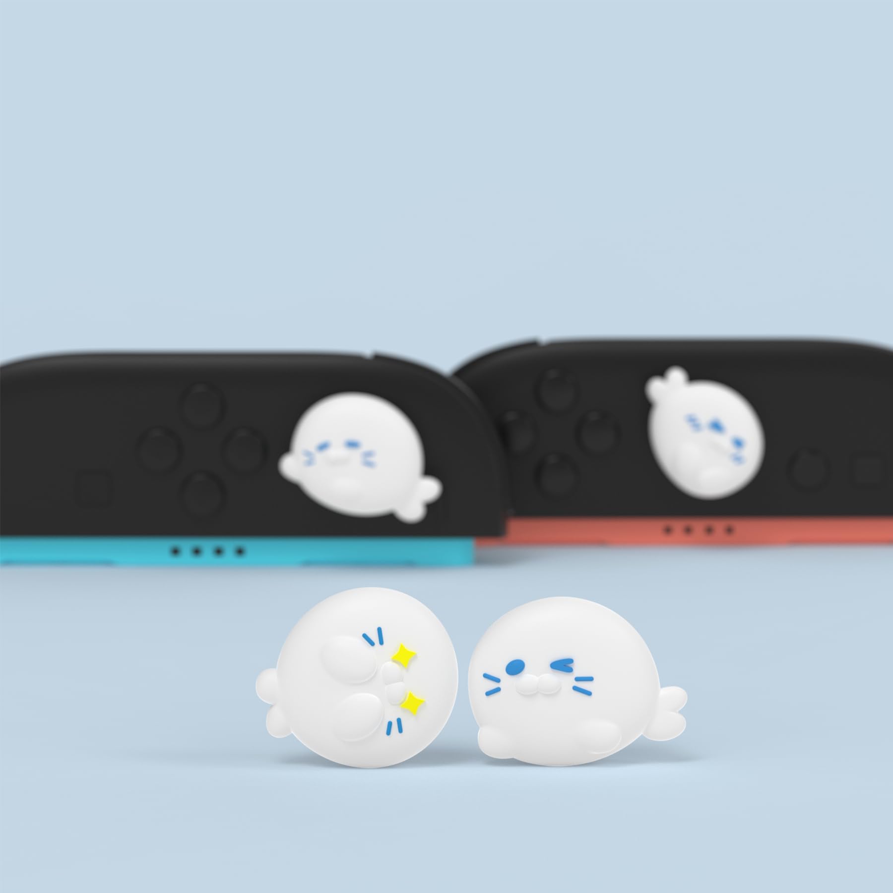 PlayVital 4 Piezas de Agarres para el Pulgar para Nintendo Switch 2 2025, Kawaii Tapas de Silicona para Joysticks de Joycon, Protector para Joystick, Accesorios para Switch 2 (Escuadrón de Focas)