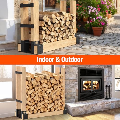 Ultdiyer Firewood Rack Outdoor Log Storage Bracket Kit,Heavy Duty Fire Wood Stand Holder-Adjustable to Any Length, Black