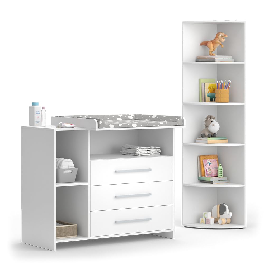 Vicco Juego de Cuarto de bebé Oskar, Blanco, 2 Partes, con Cambiador y Estante para Juguetes, Convertible en cómoda Normal Tras retirar el Cambiador