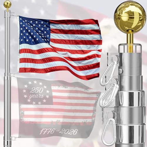 Heavy Duty 20FT Telescoping Flag Pole Extra Thick Outside House In Ground with 3x5 American Flag for Yard Residential & Commerical Sliver