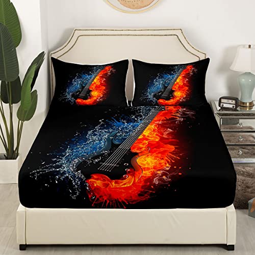 Guita Kids Fitted Sheet Single Size,Music Lovers Musical Instrument Bedding Set,Girls Boys Adults Bedroom Decor,Flame Smoke Fashion Design Bed Cover,Black Chic Bed Sheet,1 Pillowcase - Image 2