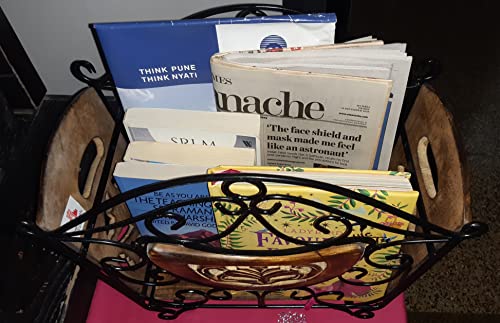 Image of Wooden & Wrought Iron Magazine Stand for Table | Hand-Carved Newspaper & Book Holder | Decorative Organizer for Home & Office | Black Finish (41 x 38 x 20 cm)