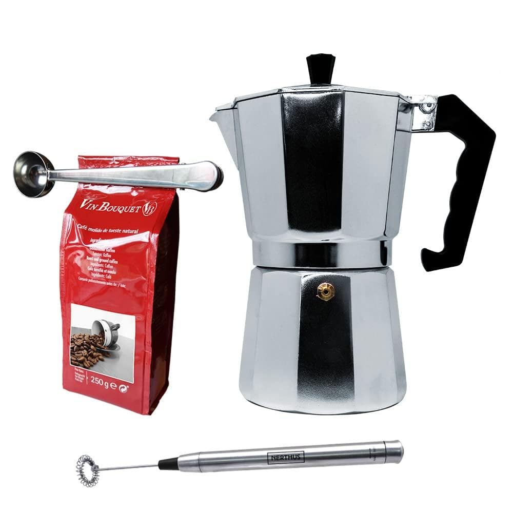 NERTHUS FIH 1136 set cafetera italiana aluminio inducción 12 tazas espumador leche cuchara y pinza para café