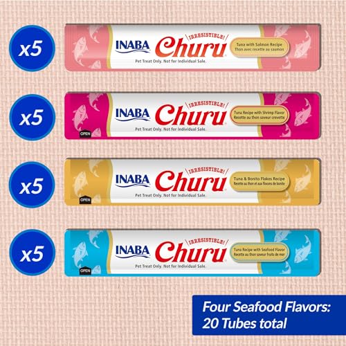 INABA Churu Cat Treats, Grain-Free, Lickable, Squeezable Creamy Purée Cat Treat/Topper with Vitamin E & Taurine, 0.5 Ounces Each Tube, 20 Tubes, Seafood Variety Box 5 Gertrude's Way