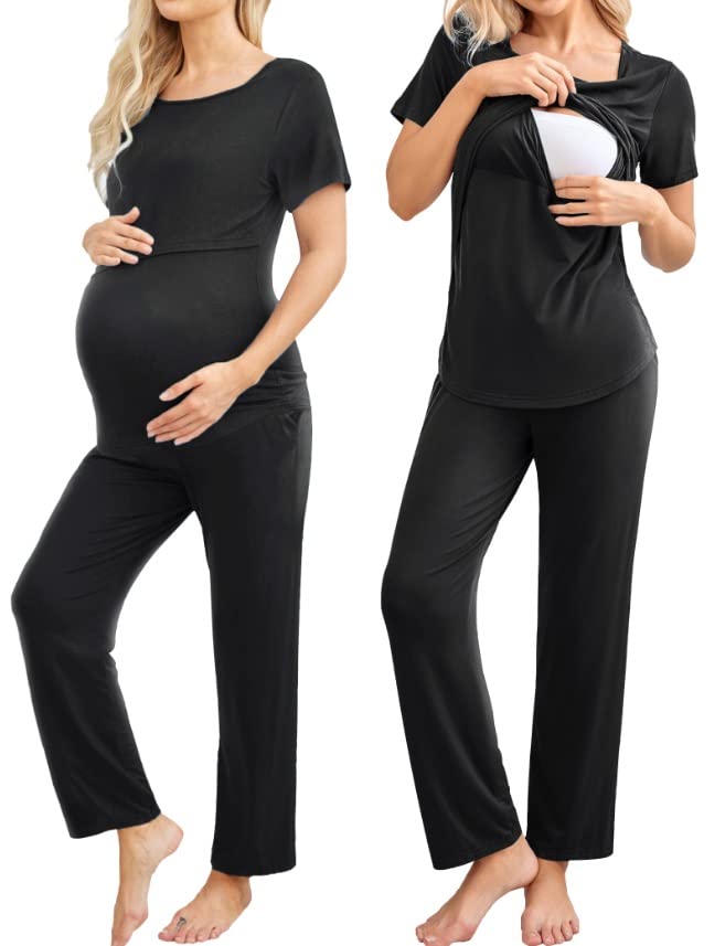 Image of Ekouaer Women Maternity Nursing Pajama Set Breastfeeding Double Layer Tank Top & Long Pant with Pockets Pregnancy PJS