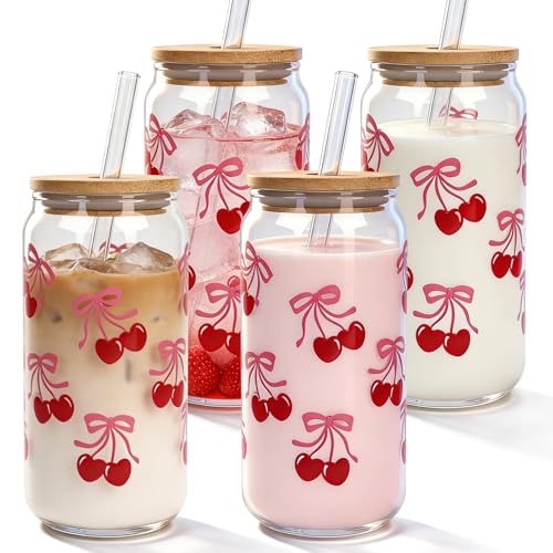 Mason Life Lot de 2 tasses à café glacé en verre avec couvercles et pailles, motif cerises et nœuds en forme de cerise, joli gobelet à coquette pour adolescentes, filles, cadeau d'anniversaire pour
