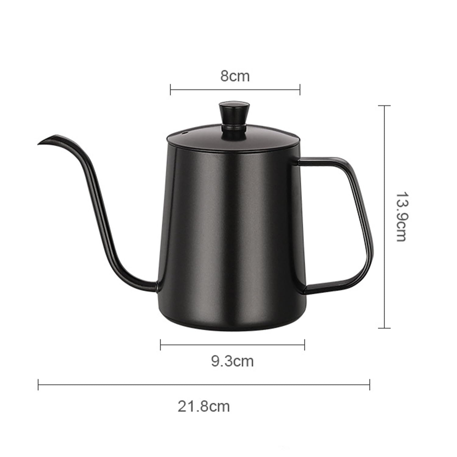 Bollitore da caffè a collo d'oca da 600 ml, in acciaio inox, con beccuccio lungo e stretto, bollitore antigoccia (nero)