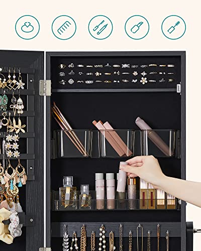 Image of SONGMICS Jewelry Cabinet Armoire, Freestanding Lockable Storage Organizer Unit with 2 Plastic Cosmetic Storage, Full-Length Frameless Mirror, for Necklace Earring, Black UJJC002B01
