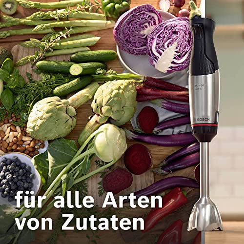 Bosch Stabmixer ErgoMaster Serie 6 MSM6M622, einhändig bedienbar, Edelstahl-Klingen, verschleißfreie Keramik-Kupplung, Luftkühlung, Zerkleinerer, Schneebesen, Mixbecher, 1000 W, Edelstahl