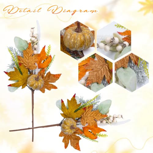 Image of 16 Inch 6Pcs Fall Picks Pumpkin Maple Leaf for Table Centerpiece | Artificial Fall Stems with Lamb's Ear Thanksgiving Centerpieces, Vase Filler, Floral Arrangements & Autumn Home Decor