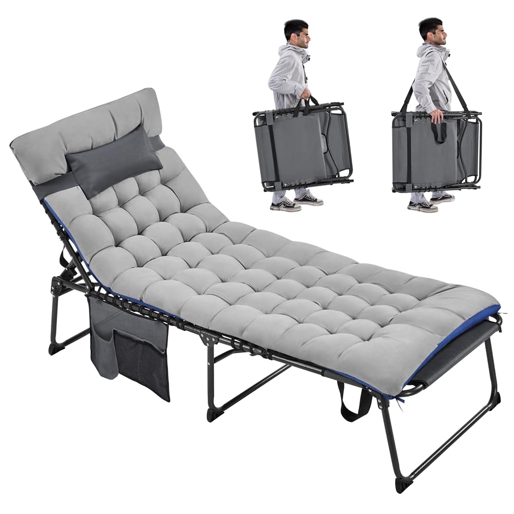 Yaheetech Cama de Camping Plegable con Colchón Extra Grueso,Cama Portatil Dormir con Almohada y Respaldo Ajustable en 5 Posiciones