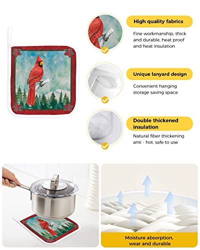 Pot Holder Set Of 2 Merry Christmas Cardinal Bird Green Tree Potholder Heat Proof Non-Slip Pot Holders,Winter Snowflake Red Flower Hot Pads Potholders For Kitchen Cooking Baking Bbq #TOP1