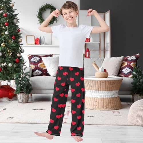Boy's Pj Pants Valentines Day Red Heart Black Lounge Bottoms Elastic Waist Kids Joggers with Pockets Size 6-142