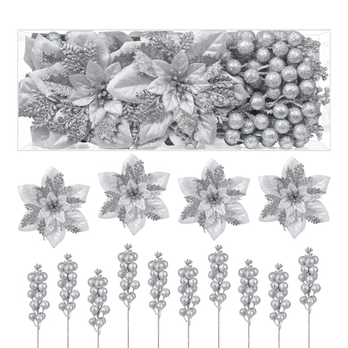 Alupssuc 24pcs Flores Arbol Navidad, Caja 12pcs Flores + 12pcs Holly Berry Tallo para Decoración Navidad, Adornos Árbol