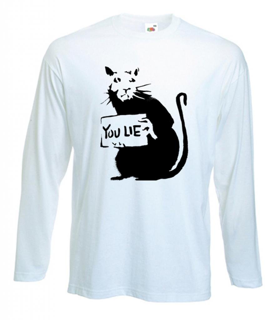 Tribal T-Shirts Mens Banksy You Lie Rat Long Sleeve T-Shirt (Large, White)