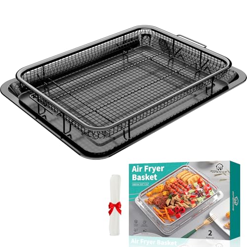 Image of Air Fryer Basket for Oven, OPENICE 15.6" x 11.6" Air Fryer Tray and Pan Set with 30PCS Parchment Papers, Stainless Steel Oven Air Fryer Basket and Tray for Baking Grilling - Black
