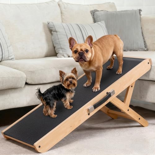Image of Dog Ramp for Couch - Non-Slip, Sturdy Build Foldable Wooden Dog Ramp - Supports up to 200 lbs - 7 Adjustable Heights (14 inch-20.5 inch) - Enhanced Stability - Birchwood Pet Ramp for Small Dogs - Natural