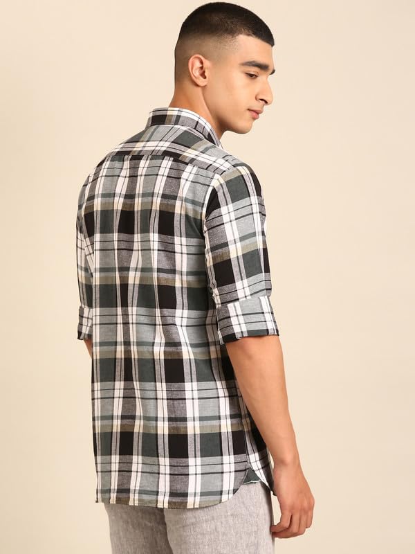 Image of Cavallo by Linen Club Men's Blended Linen Blue Solid Contemporary Fit Full Sleeve Casual Shirt