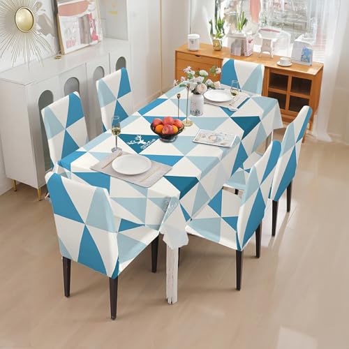 Image of Amazon Basics Dining Table Cover with 6 Chair Covers|Table Cover: 100% Polyester Woven Fabric 140 GSM, 220Cm X 140Cm|Chair Cover: 95% Polyester & 5% Spandex 110 GSM, 50Cm X 40Cm|Sky Blue, Rectangular