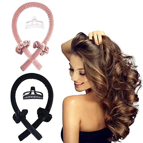 Heatless Curls Band,Samt Hair Curler Ribbon 2stück,Tik Tok Rutschfest Heatless Lockenwickler mit Haarnadel,Wave Formers über Nacht,Locken Ohne Hitze Band für Lange Haare&Scrunchies (Rosa & Schwarz) Cover