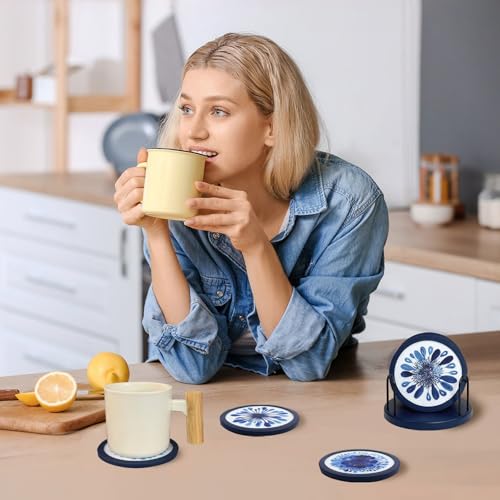 Indigo Floral Non-Slip Silicone Coasters, 4-Pack Double-Sided Absorbent Cup Mats for Hot & Cold Drinks, Scratch & Water Ring Protection for Wood Tables, Home Office Bar Use (6PC) by LIBERATECH - Image 2