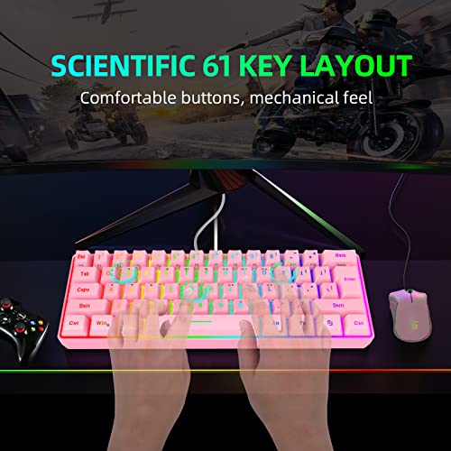 Image of Snpurdiri 60% Wired Gaming Keyboard, 61 Keys RGB Backlit Ultra-Compact Mini Gaming Keyboard for PC /Mac Gamer, Typist, Travel, Easy to Carry on Business Trip(Pink) | Backlit Ultra-Compact Mini Gaming Keyboard for PC /Mac Gamer, Typist, Travel, Easy to Carry on Business Trip