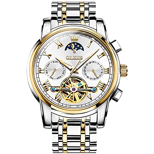 OLEVS Mens Watch Automatic Mechanical Tourbillon Slef-Wind White Watch Luxury Stainless Steel Date Calendar Week Waterproof Luminous Wrist Watch