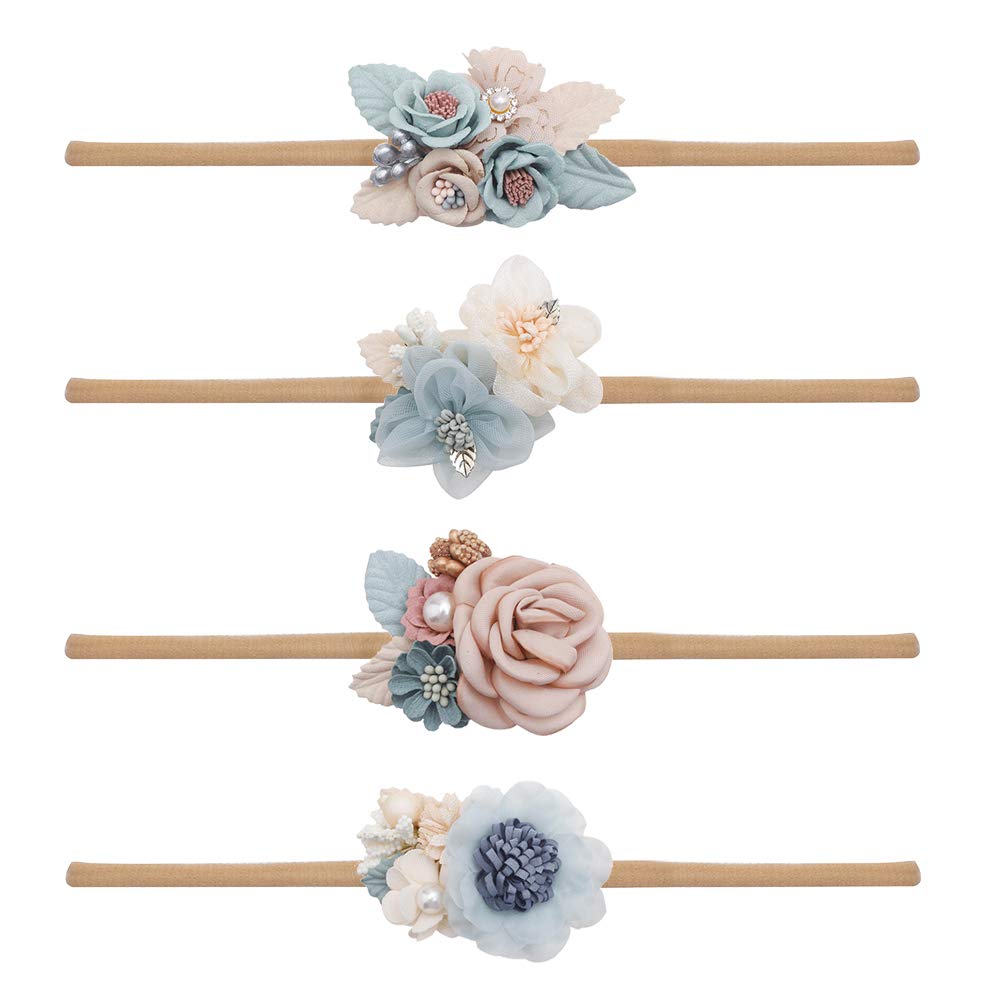 cherrboll 4 Stück Baby-Stirnbänder mit Blumen, super weich und dehnbar, Nylon-Blumenhaarbänder für Neugeborene und Kleinkinder