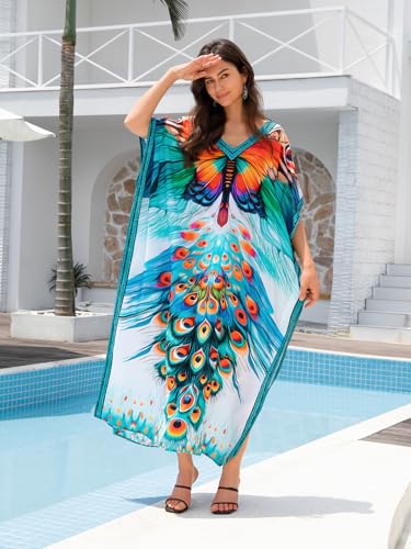 Image of KECVOT Kaftan Dresses for Women V-Neck Print Swimsuit Cover Up Plus Size Beach Caftan Lounge Dress